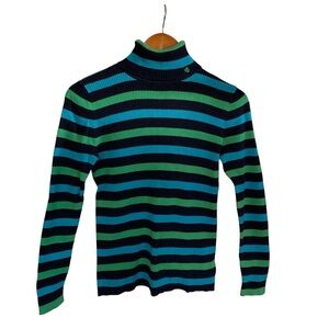 Ralph Lauren Women Small Long-sleeve Ribbed Striped Turtleneck Blue Green Black